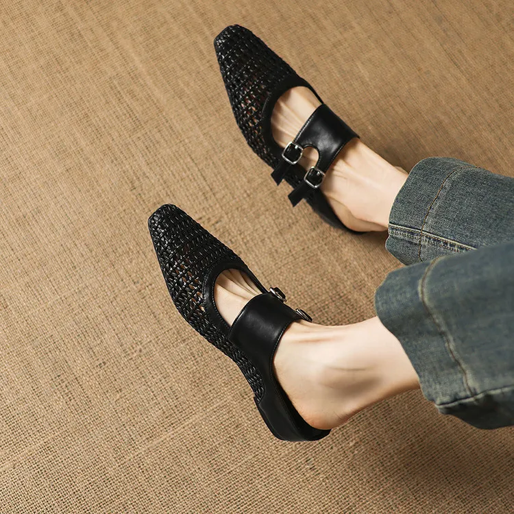 Summer sandals, square toe, wedge heel, openwork woven fashion women's shoes, 3-30w
