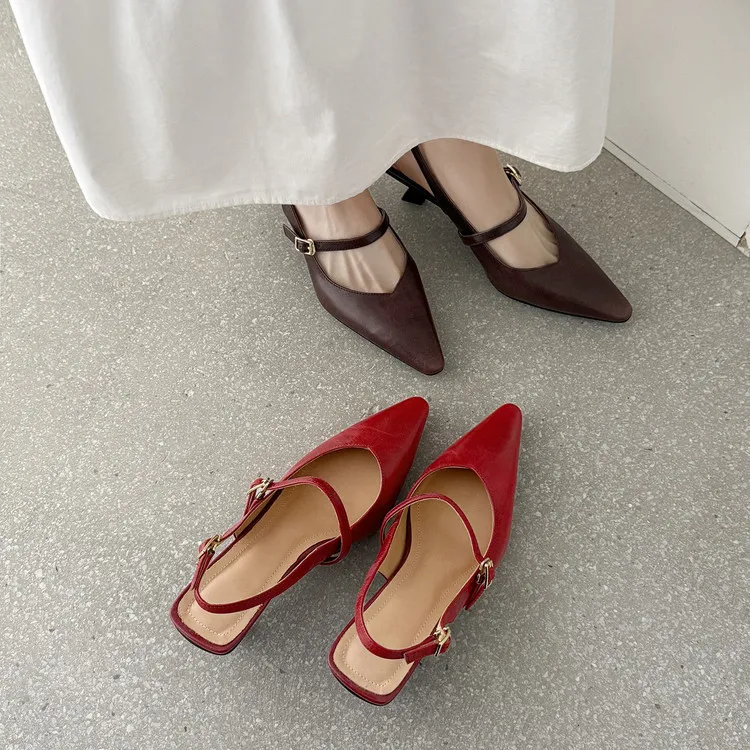 Summer sandals, pointed toe, stiletto heel, open back, cowhide leather women's shoes, 3-30h