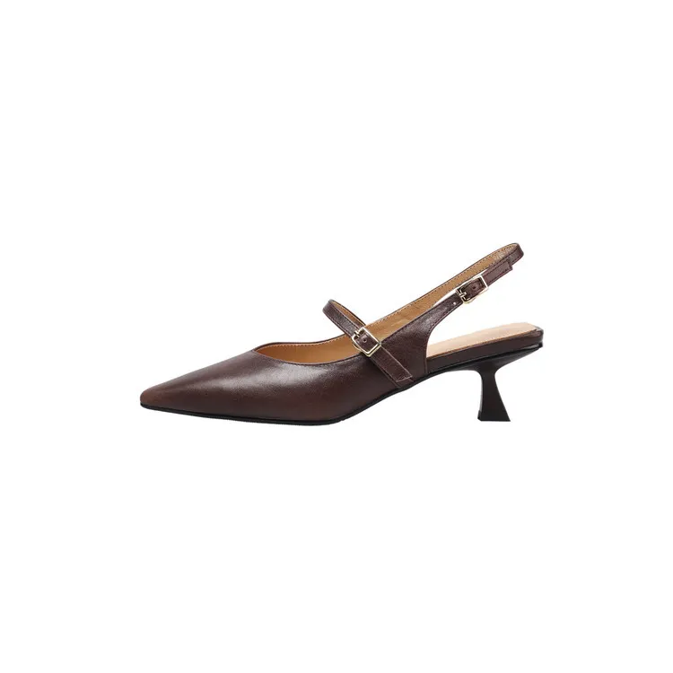 Summer sandals, pointed toe, stiletto heel, open back, cowhide leather women's shoes, 3-30h