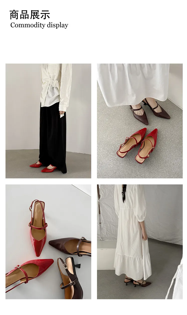 Summer sandals, pointed toe, stiletto heel, open back, cowhide leather women's shoes, 3-30h