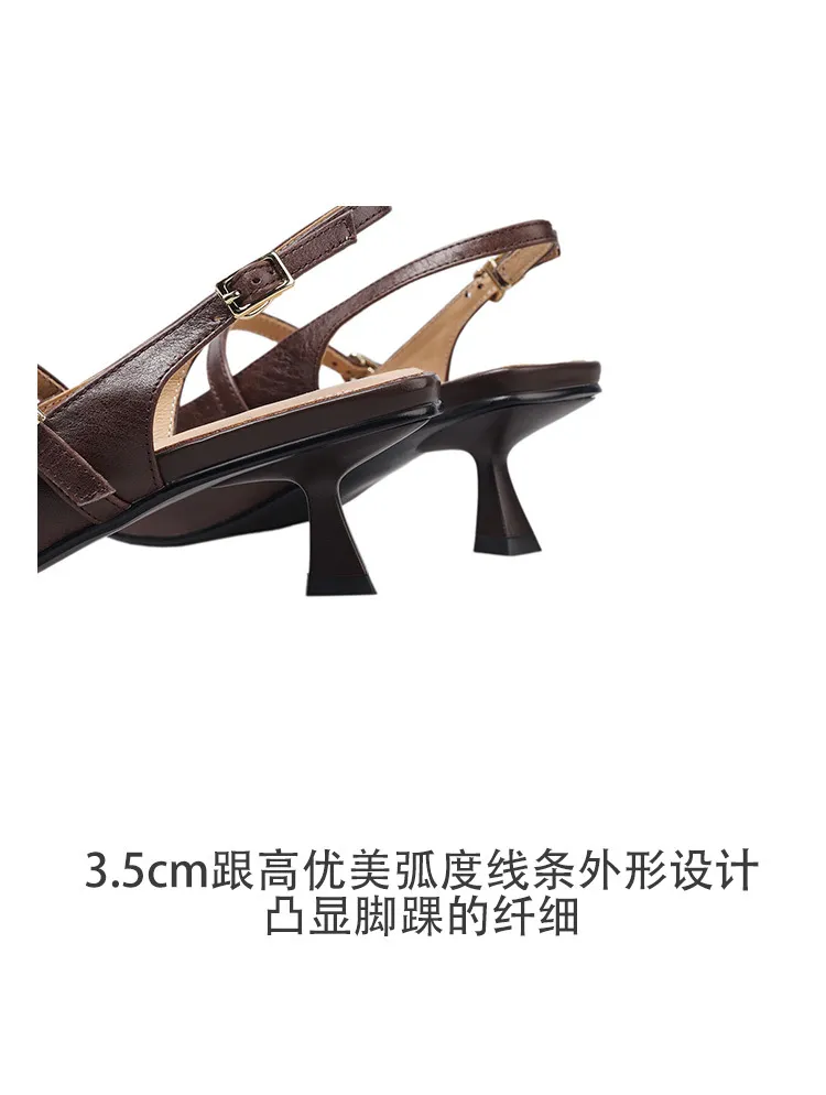 Summer sandals, pointed toe, stiletto heel, open back, cowhide leather women's shoes, 3-30h