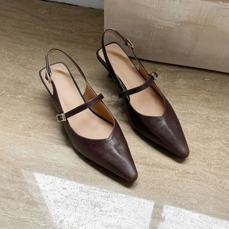 Summer sandals, pointed toe, stiletto heel, open back, cowhide leather women's shoes, 3-30h