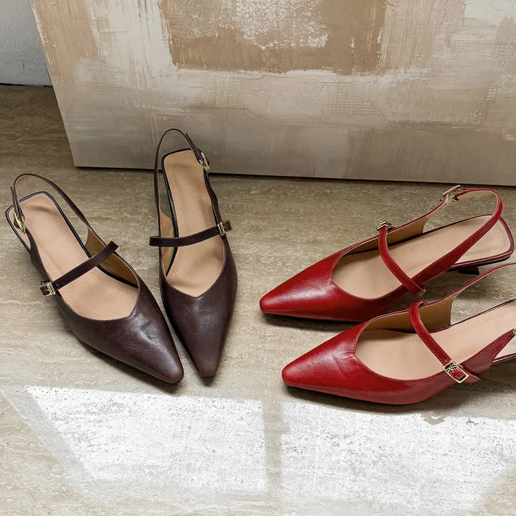 Summer sandals, pointed toe, stiletto heel, open back, cowhide leather women's shoes, 3-30h