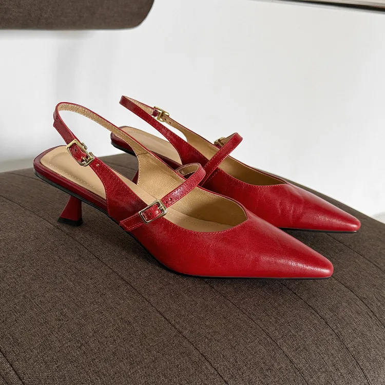 Summer sandals, pointed toe, stiletto heel, open back, cowhide leather women's shoes, 3-30h