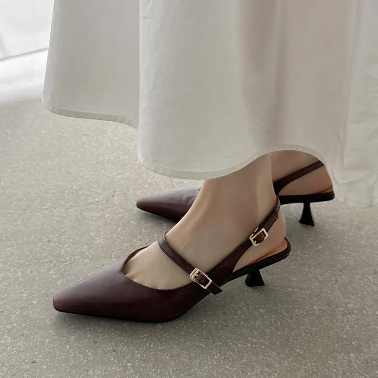 Summer sandals, pointed toe, stiletto heel, open back, cowhide leather women's shoes, 3-30h