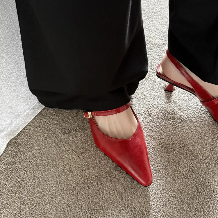 Summer sandals, pointed toe, stiletto heel, open back, cowhide leather women's shoes, 3-30h