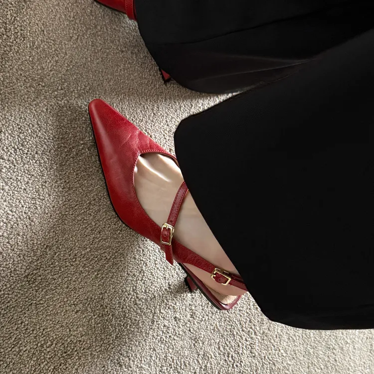 Summer sandals, pointed toe, stiletto heel, open back, cowhide leather women's shoes, 3-30h