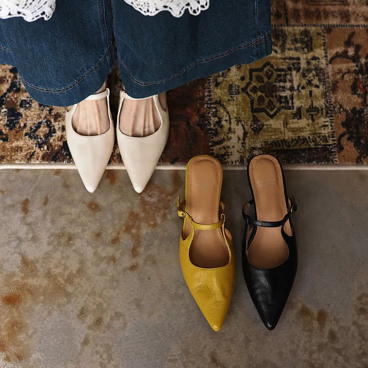 Spring/Summer Pointed Toe Closed Backless Slippers, Sheepskin Fashion Women's Shoes 4-6d