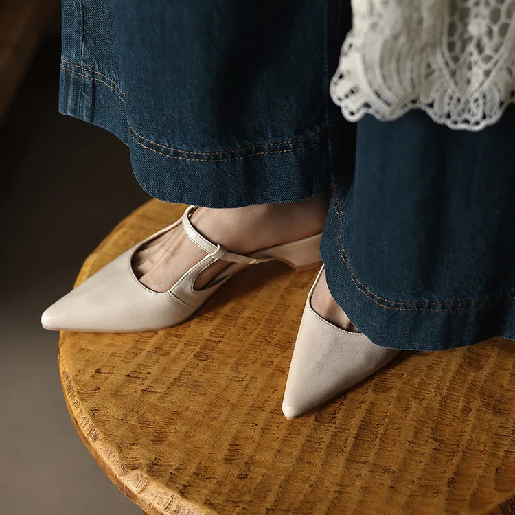 Spring/Summer Pointed Toe Closed Backless Slippers, Sheepskin Fashion Women's Shoes 4-6d