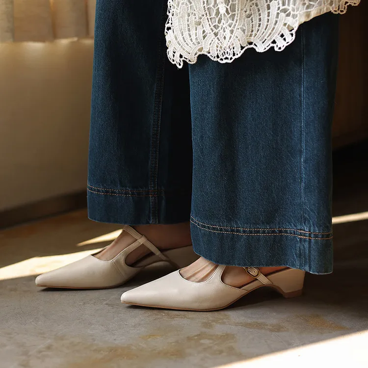 Spring/Summer Pointed Toe Closed Backless Slippers, Sheepskin Fashion Women's Shoes 4-6d