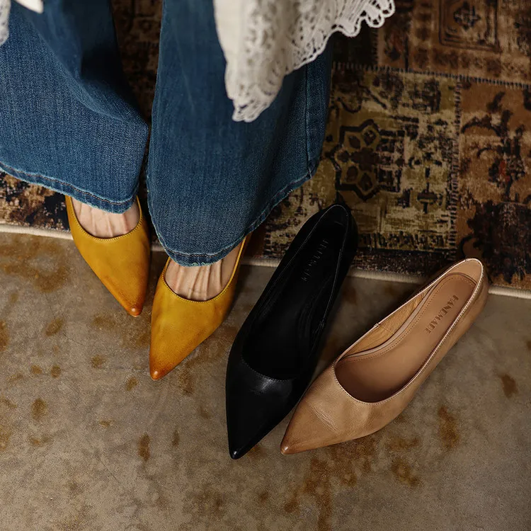 Spring pointed-toe high-heeled chunky leather women's shoes, size 4-6c fashionable shoes