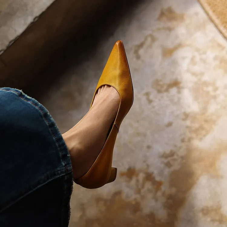 Spring pointed-toe high-heeled chunky leather women's shoes, size 4-6c fashionable shoes
