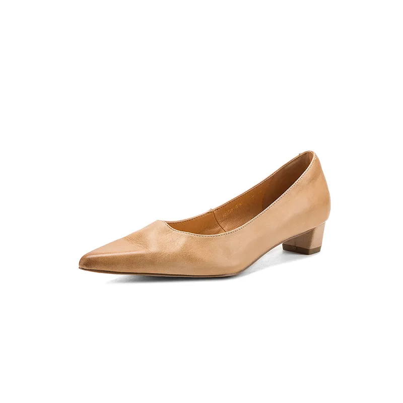 Spring pointed-toe high-heeled chunky leather women's shoes, size 4-6c fashionable shoes
