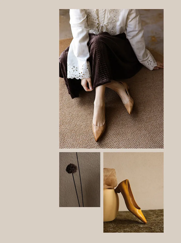 Spring pointed-toe high-heeled chunky leather women's shoes, size 4-6c fashionable shoes