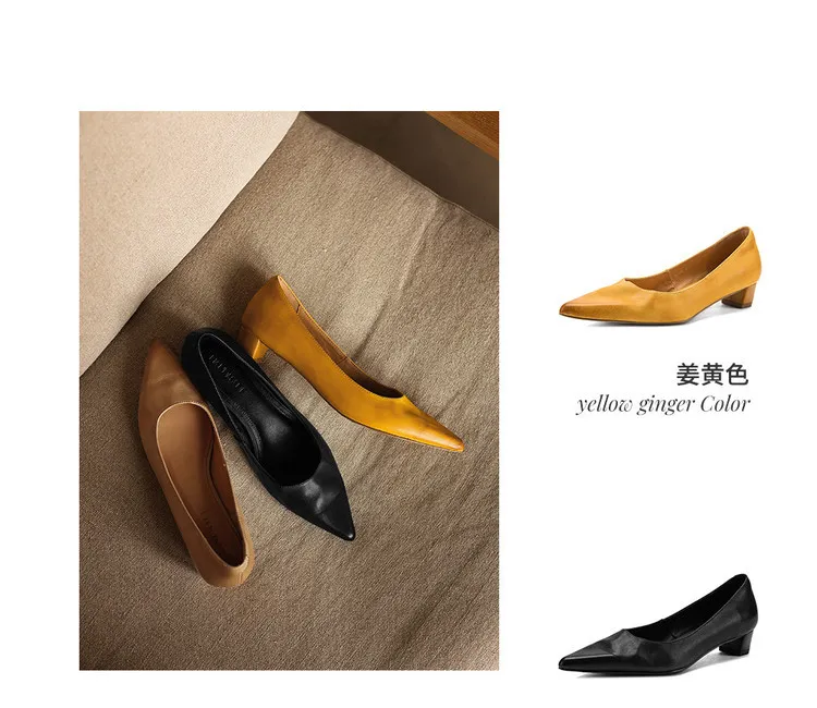 Spring pointed-toe high-heeled chunky leather women's shoes, size 4-6c fashionable shoes