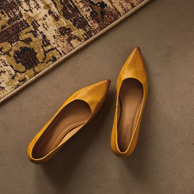 Spring pointed-toe high-heeled chunky leather women's shoes, size 4-6c fashionable shoes