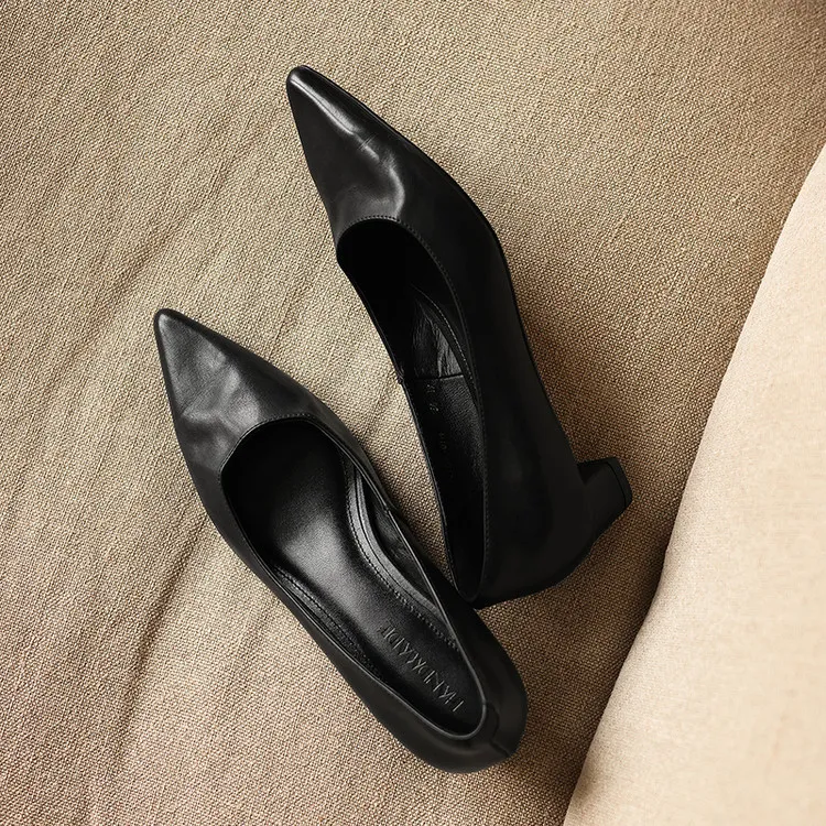 Spring pointed-toe high-heeled chunky leather women's shoes, size 4-6c fashionable shoes