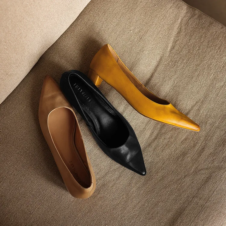 Spring pointed-toe high-heeled chunky leather women's shoes, size 4-6c fashionable shoes