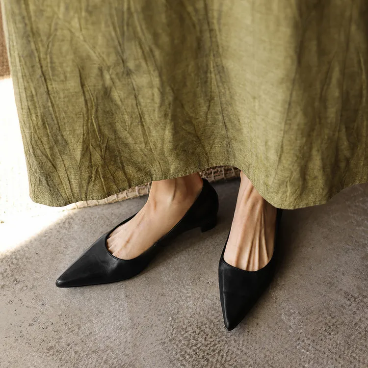 Spring pointed-toe high-heeled chunky leather women's shoes, size 4-6c fashionable shoes