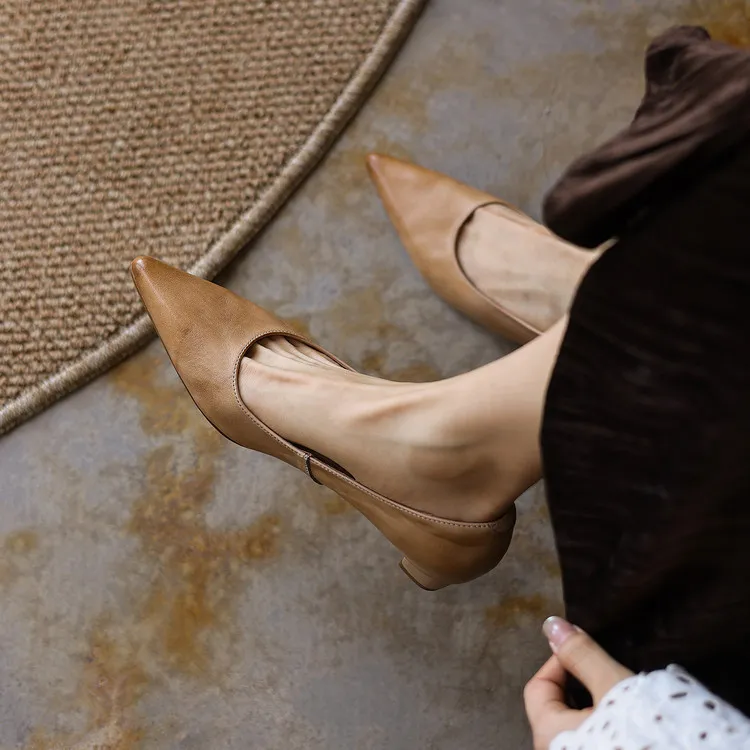 Spring pointed-toe high-heeled chunky leather women's shoes, size 4-6c fashionable shoes