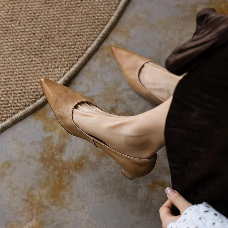 Spring pointed-toe high-heeled chunky leather women's shoes, size 4-6c fashionable shoes