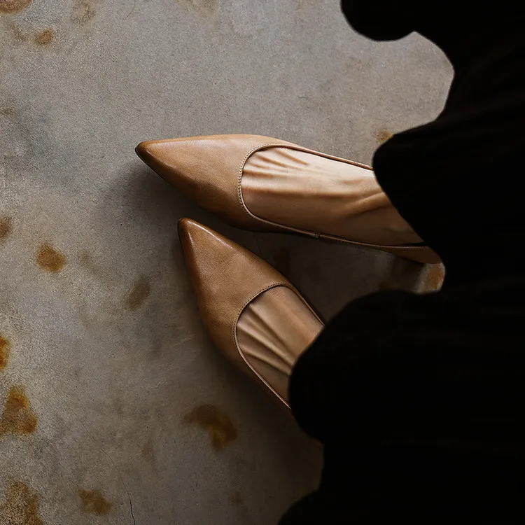 Spring pointed-toe high-heeled chunky leather women's shoes, size 4-6c fashionable shoes