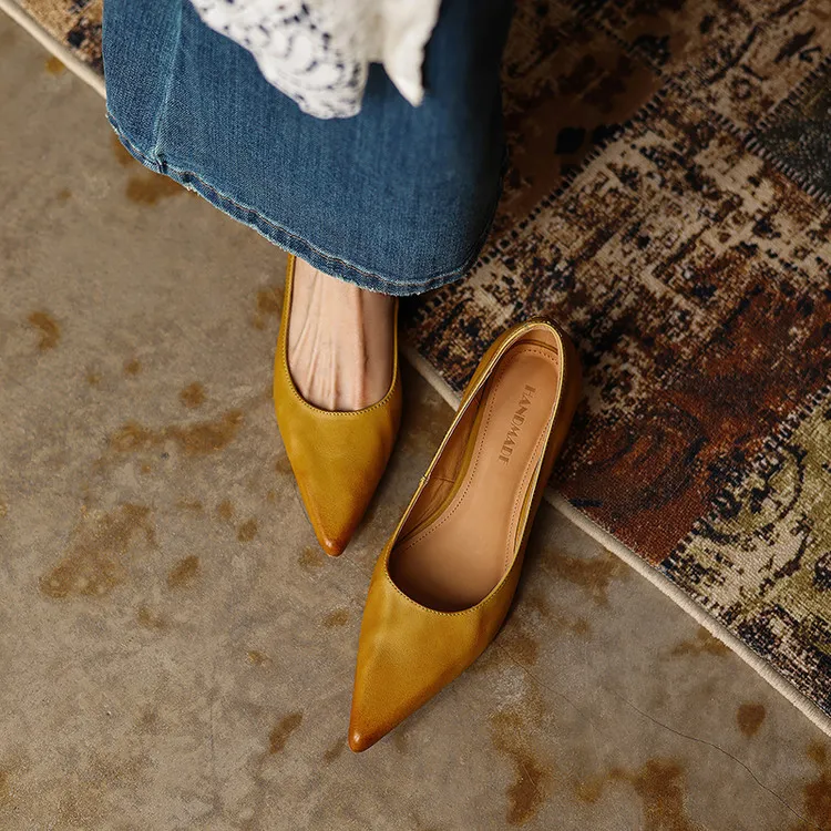 Spring pointed-toe high-heeled chunky leather women's shoes, size 4-6c fashionable shoes