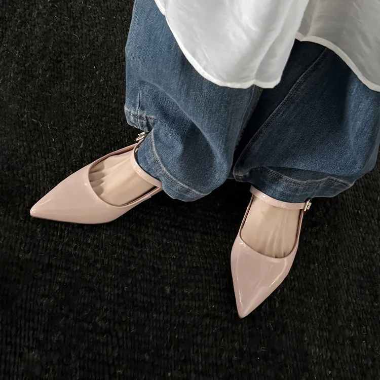 Spring pointed-toe buckle wedge heel fashion sheepskin women's shoes 3-30v