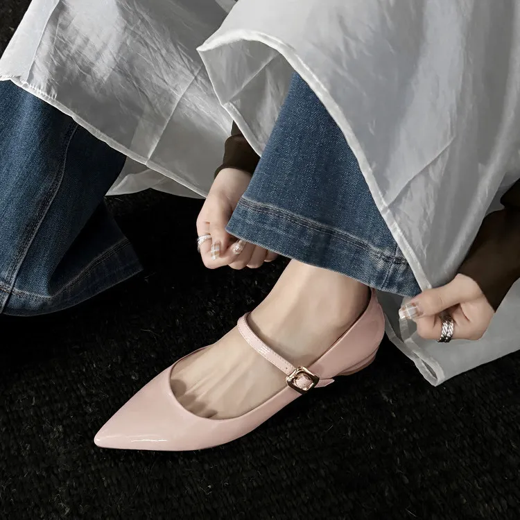Spring pointed-toe buckle wedge heel fashion sheepskin women's shoes 3-30v