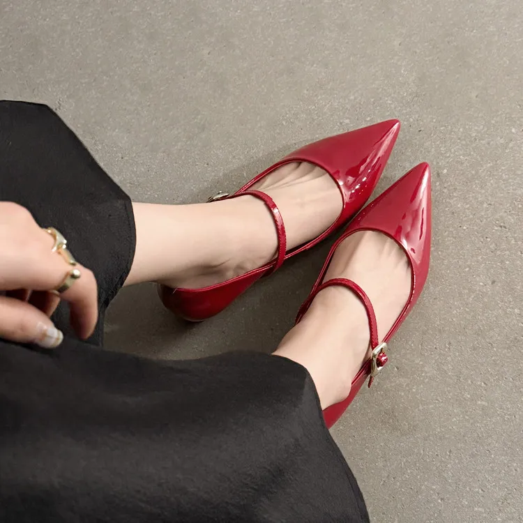 Spring pointed-toe buckle wedge heel fashion sheepskin women's shoes 3-30v