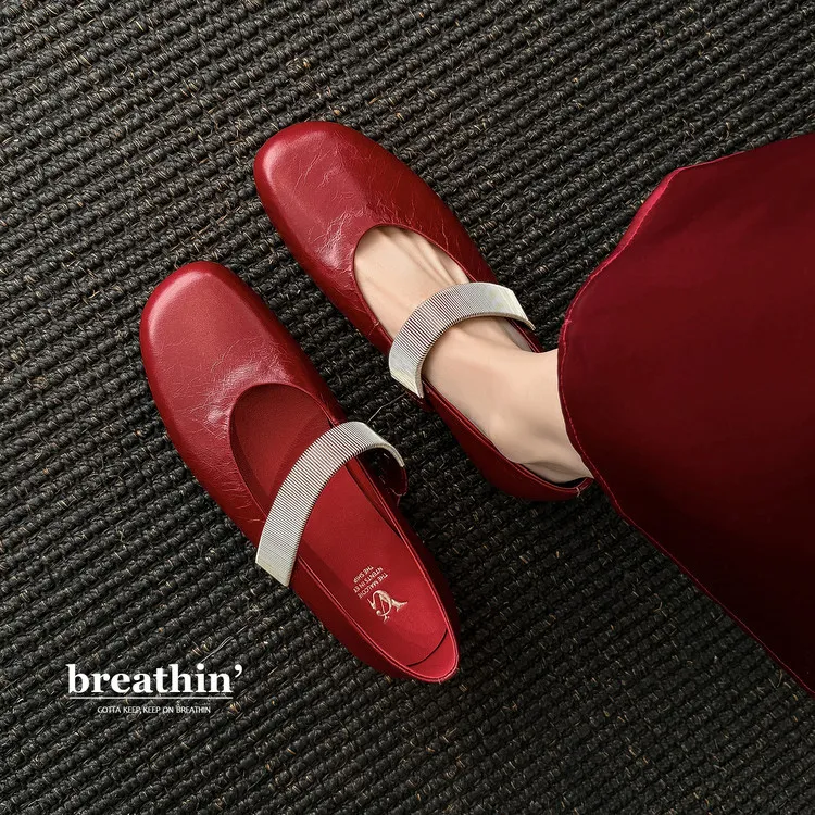 Spring single shoes, round toe, flat, cowhide slip-on fashion women's shoes, 3-25t