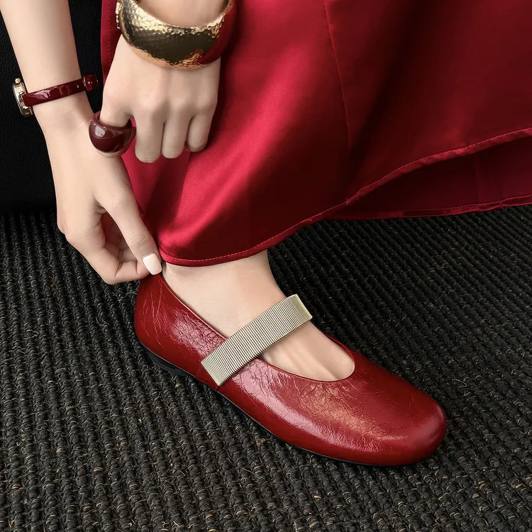 Spring single shoes, round toe, flat, cowhide slip-on fashion women's shoes, 3-25t