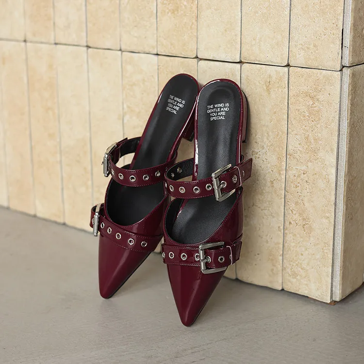 226 Summer Slippers Pointed Toe Closed Toe Chunky Heel Low Heel Cowhide Fashion Women's Shoes 4-6h