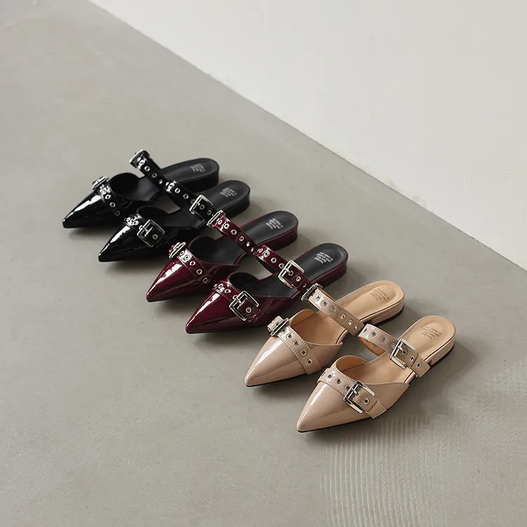 226 Summer Slippers Pointed Toe Closed Toe Chunky Heel Low Heel Cowhide Fashion Women's Shoes 4-6h