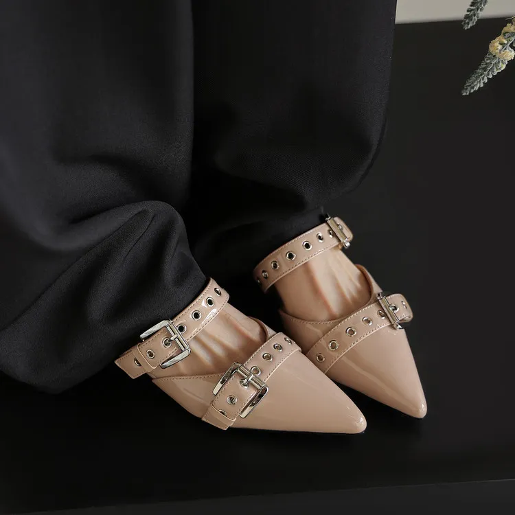 226 Summer Slippers Pointed Toe Closed Toe Chunky Heel Low Heel Cowhide Fashion Women's Shoes 4-6h