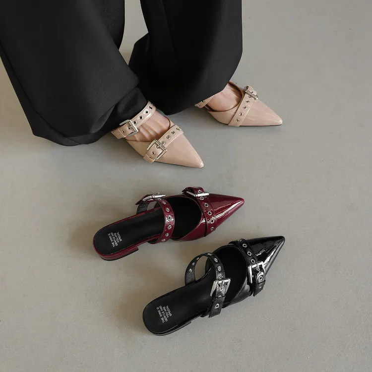 226 Summer Slippers Pointed Toe Closed Toe Chunky Heel Low Heel Cowhide Fashion Women's Shoes 4-6h