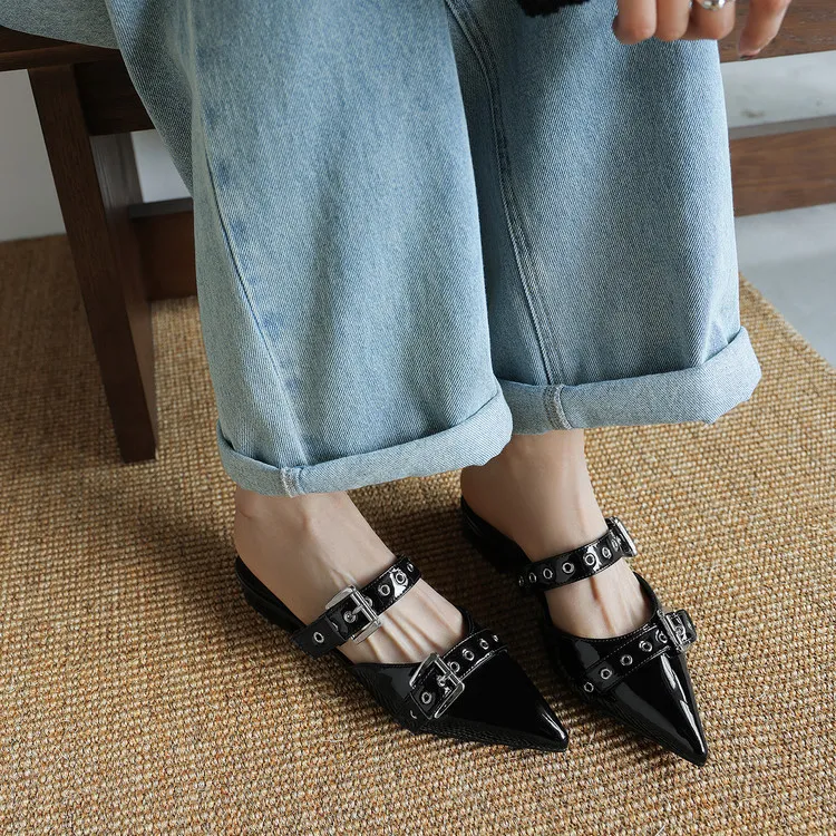 226 Summer Slippers Pointed Toe Closed Toe Chunky Heel Low Heel Cowhide Fashion Women's Shoes 4-6h