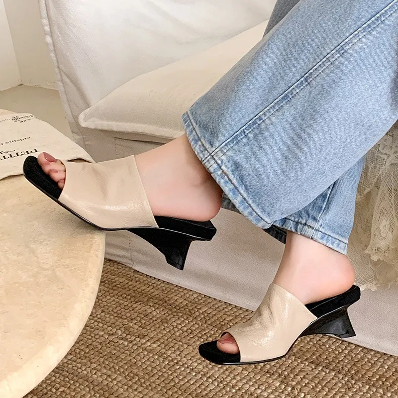 Summer slippers, square toe, high heels, elegant sheepskin fashion shoes, black, apricot, white, 3-31