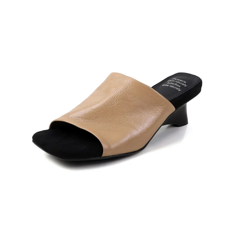 Summer slippers, square toe, high heels, elegant sheepskin fashion shoes, black, apricot, white, 3-31