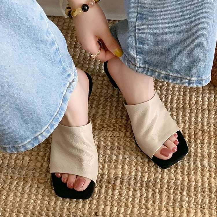 Summer slippers, square toe, high heels, elegant sheepskin fashion shoes, black, apricot, white, 3-31