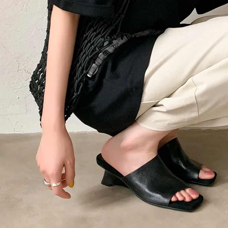 Summer slippers, square toe, high heels, elegant sheepskin fashion shoes, black, apricot, white, 3-31