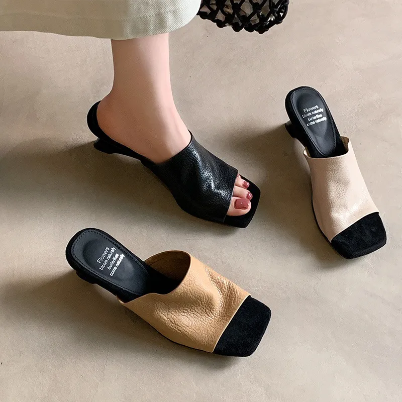 Summer slippers, square toe, high heels, elegant sheepskin fashion shoes, black, apricot, white, 3-31