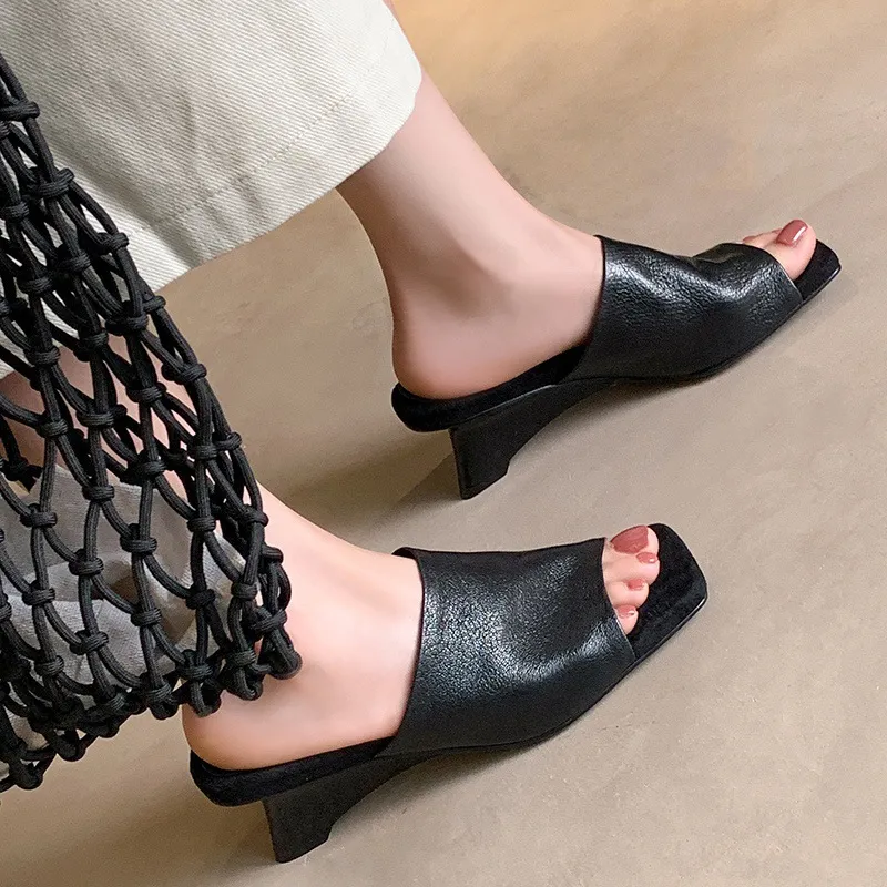 Summer slippers, square toe, high heels, elegant sheepskin fashion shoes, black, apricot, white, 3-31