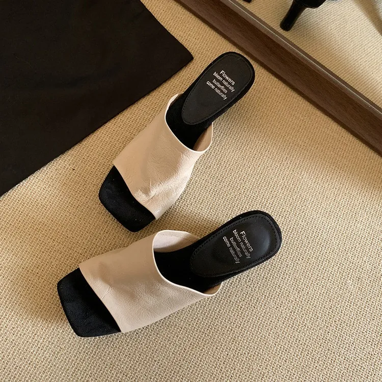 Summer slippers, square toe, high heels, elegant sheepskin fashion shoes, black, apricot, white, 3-31
