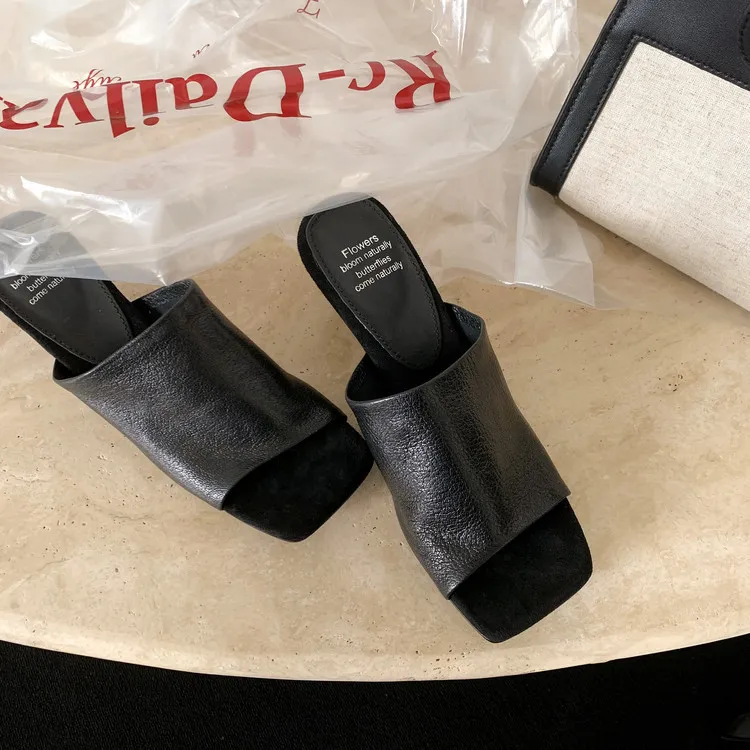 Summer slippers, square toe, high heels, elegant sheepskin fashion shoes, black, apricot, white, 3-31