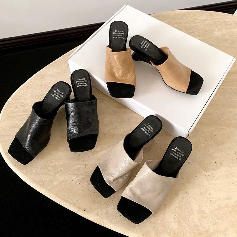 Summer slippers, square toe, high heels, elegant sheepskin fashion shoes, black, apricot, white, 3-31
