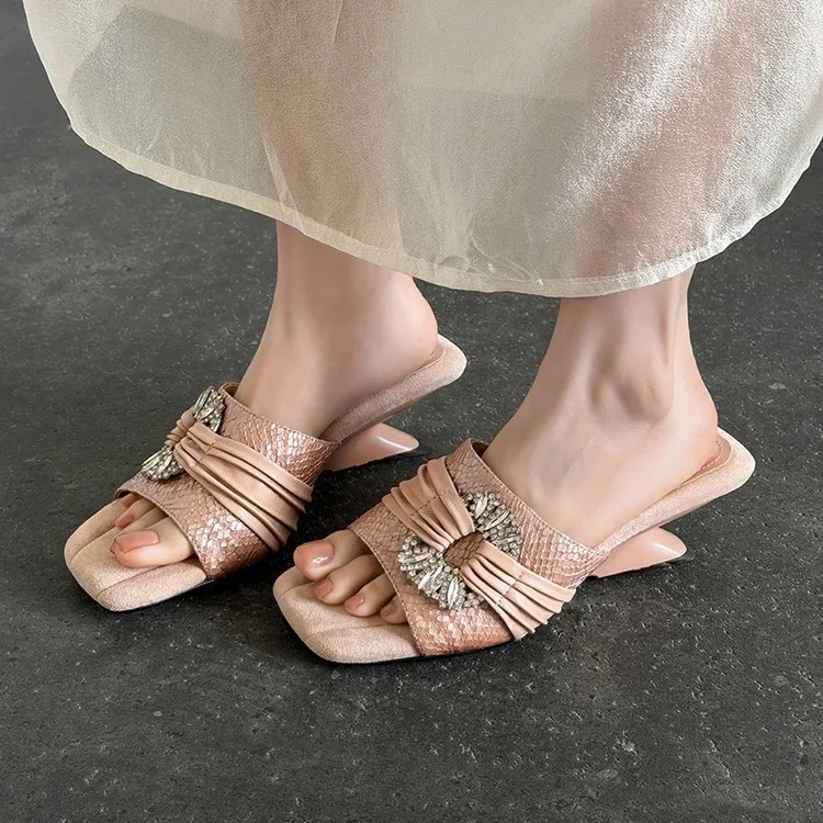 Summer slippers, square toe, unique heel, high leather, women's fashion shoes, 3-31t