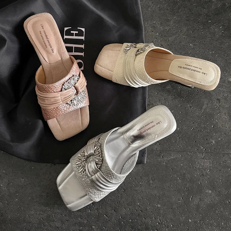 Summer slippers, square toe, unique heel, high leather, women's fashion shoes, 3-31t