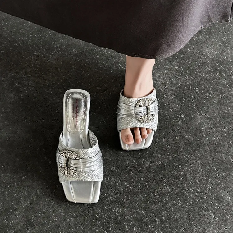 Summer slippers, square toe, unique heel, high leather, women's fashion shoes, 3-31t