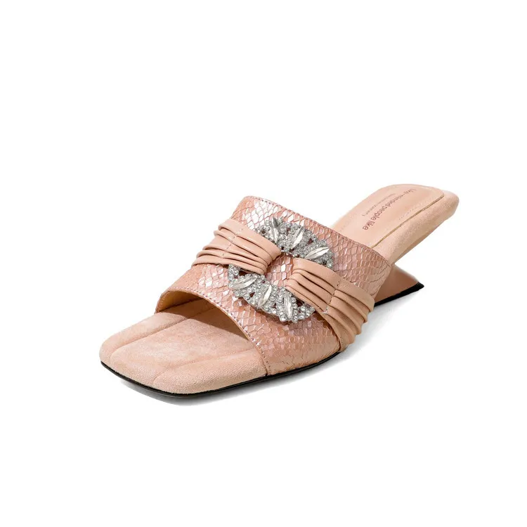 Summer slippers, square toe, unique heel, high leather, women's fashion shoes, 3-31t